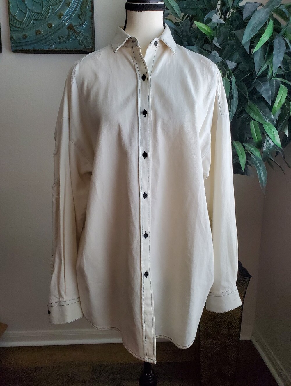 IRO Cream Button-Down Shirt with Black Contrast Buttons Navy Stitching
